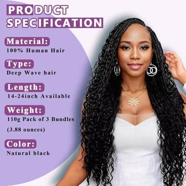 Afihond Human Braiding Hair For Boho Braids Deep Water Wave Bulk Human Hair for Braiding 12A Wet and Wavy Curly 100% Human Hair Extensions 3 Bundles 110g Natural Color 22inch - Image 3