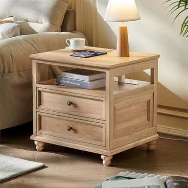Joaxswe Farmhouse Nightstand Set of 2 with Charging Station, 24" Wide End Table with 2 Drawers,Natural Dresser for Bedroom,Bed Side Table Chest of Drawers Cabinet, Night Stand for Living Room - Image 6
