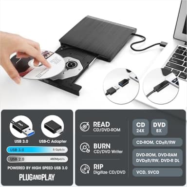 ROOFULL External CD DVD Drive for Laptop, USB 3.0 Type-C Portable CD/DVD Player Burner Reader Writer Adapter for Windows 11/10 Computer Mac MacBook Linux PC - Image 4
