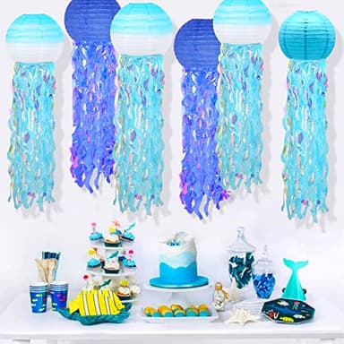 6 Packs Jellyfish Paper Lanterns Hanging Mermaid Wishes Lantern Gradient Blue Sky Blue Ocean Theme Party Supplies Great for Kids Birthday Decors, Baby Shower Baby Room - Image 3