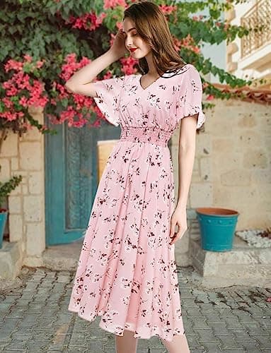 Gardenwed Womens Casual Summer Chiffon Floral V Neck Short Sleeve Smocked Wedding Guest Midi Dress Pink Dandelion M - Image 2