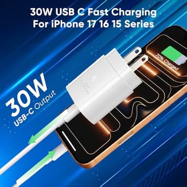 iPhone 17 16 15 Charger Fast Charging 10FT Cable, 30W USB C Charger Block for i Phone 15 16 16e 17 Air Plus Pro Max/iPad Pro/AirPods, PD USBC Power Adapter Wall Plug & Type C to C Cord, 2 Pack - Image 2
