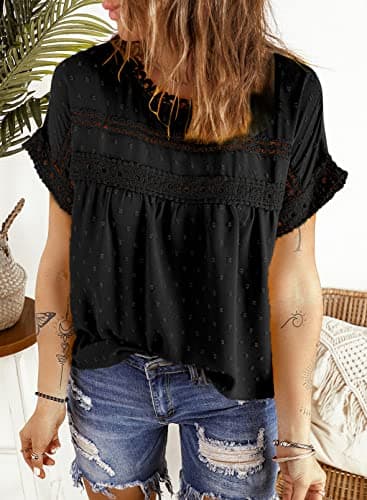 Dokotoo Summer Tops for Women Cute Lace Crochet Crewneck Short Sleeve Blouses Pom Pom Chiffon Babydoll Shirts for Women Teen Girls Casual Holiday Boho Clothing M Black - Image 2