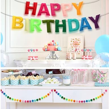 Pre-Strung Happy Birthday Banner - Felt Ball Garland HAPPY BIRTHDAY Pennant, Multicolor Bunting String Triangle Flags Bulk Rainbow Bunting - Image 5