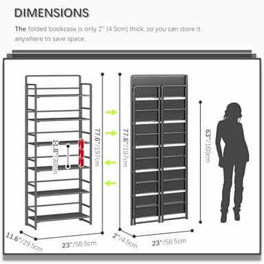 4NM No Assembly 6 Tiers Folding Bookshelf Storage Shelves Vintage Bookcase Standing Racks Study Organizer Home Office (All Black) - Image 3