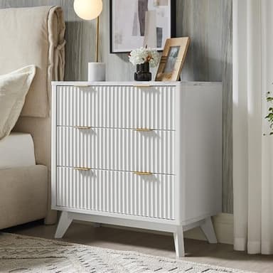 T4TREAM 32" Tall Fluted Nightstand Set of 2, Modern Side Table with Faux Marble Top, 3 Drawers End Table w/Storage, Bedside Table for Bedroom, Living Room, Curved Profile Design, Solid White - Image 2