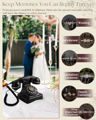 FONYICK Audio Guest Book Wedding Phone, Retro Phone Guestbook for Record Voice Messages, Personalized Wedding Guest Book Telephone for Bridal Shower, Birthday, and Daily Diary, Black - Image 2