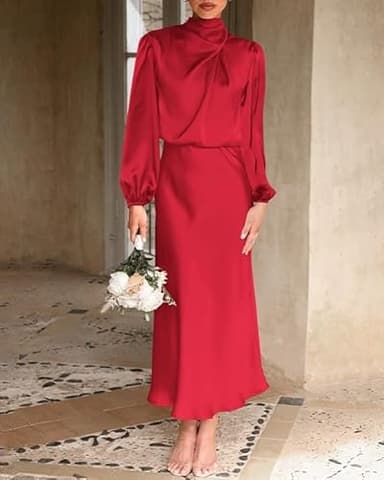 BTFBM Womens Mock Neck Satin Dress Summer Fall 2025 Long Sleeve High Waist Formal Wedding Party Maxi Cocktail Dresses(Red, X-Large) - Image 3