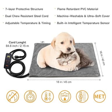 Toozey Small Pet Heating Pad, 6 Adjustable Temperature Dog Cat Heating Pad with Timer, Waterproof Heated Cat Bed with Chew Resistant Cord, Indoor Electric Pet Heated Mat 18x16in - Image 2