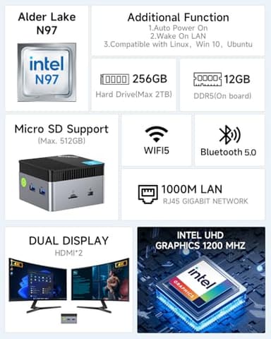 GMKtec Mini PC N97 Preinstalled Windows 11 Pro, G5 Micro Desktop Computer, 12th Gen Intel Alder Lake N97 (up to 3.60GHz) 12GB DDR5 256GB Hard Drive for Business, School, Office - Image 2