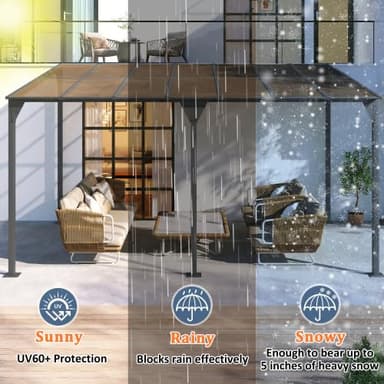 Wall-Mounted Outdoor Gazebo 14.76×9.22 FT, Heavy Duty Pergola with PC Roof Panels, Powder-Coated Iron Frame, Sloped Design for Rain/Snow Drainage, UV60+ Protection - Image 7