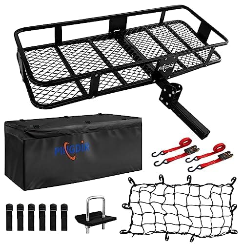 PINGDIR Folding Hitch Mount Cargo Carrier Hitch Rack Basket 60"*21.5"*6" Hauling Weight Capacity of 500 Lbs, Waterproof Cargo Bag 58" 19" 24", with Hitch Stabilizer,Cargo Net and Ratchet Straps - Image 1