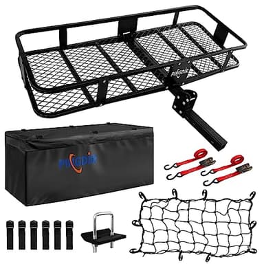 PINGDIR Folding Hitch Mount Cargo Carrier Hitch Rack Basket 60"*21.5"*6" Hauling Weight Capacity of 500 Lbs, Waterproof Cargo Bag 58" 19" 24", with Hitch Stabilizer,Cargo Net and Ratchet Straps - Image 1