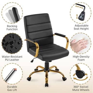 Yaheetech Mid-Back Office Chair PU Leather Desk Chair Adjustable Executive Task Chair w/Lumber Support Gold Leg Black Seat - Image 9