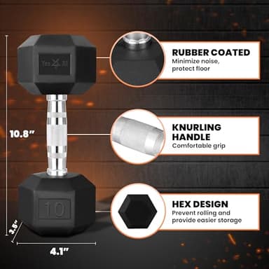 Yes4All Cast Iron - Chrome Grip Hex Dumbbell - 10 lbs - Pair - Image 2