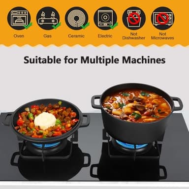 P&P CHEF 5Qt Dutch Oven Pot for Bread Baking (Black), 2 In 1 Round Cast Iron Dutch Oven with Lid Set, Skillet & Pot for Roasting Braising Stewing Frying Simmering, Multi Stoves & Oven Safe - Image 5