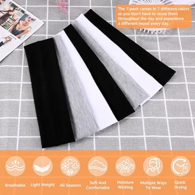 DiyJibb Headbands for Women, Stretchy Non Slip Soft Cotton Cloth Hair Bands for Sports, Workout, Yoga and Running, 7pcs (Black, White, Light Grey) - Image 3