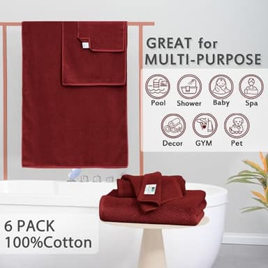 VOOVA & MOVAS Burgundy Towel Set - 100% Cotton | Lightweight | Soft | Quick Dry, 6 Piece Towel Set,2 Large Bath 30"x56", 2 Hand 18"x28", 2 Washcloths 13"x13", Towels Gift Set, Red Towels - Image 3