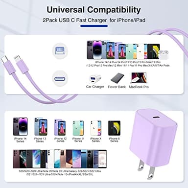 6ft iPhone Fast Charging Cable, 20W USB C Wall Charger With Type C to Lightning Cord for iPhone 14/13/12/11 Pro Max Plus, iPad - 2Pcs Purple - Image 6