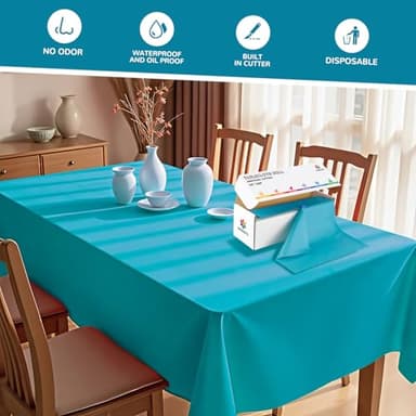JSQBSECL 54 Inch X 200 Feet Plastic Table Cover Roll with Convenient Slide Cutter, Disposable Plastic Table Cloth Roll with Cut-to-Size Design for Weddings, Banquets, Parties (Turquoise) - Image 4