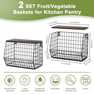 Wawocs 2 Tier Fruit Bowl Fruit Basket for Kitchen Counter Stackable Wall Mounted Hanging Basket Wire Baskets with Wood Lid with 4 Banana Hanger Hooks, Onion Basket, Fruit and Vegetable Storage - Image 8