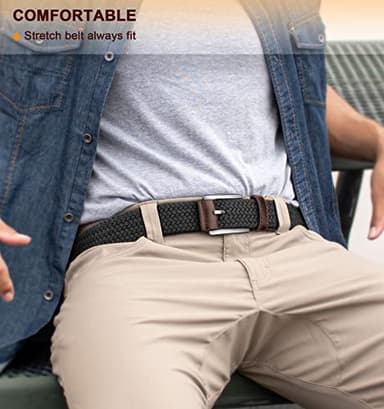 BULLIANT Belt for Men 2Pack,Mens Gift Stretch Braided Web Belt Elastic for Casual Golf Jeans,1 3/8"(Black/Deep Brown,52"-56" Waist Adjustable) - Image 3