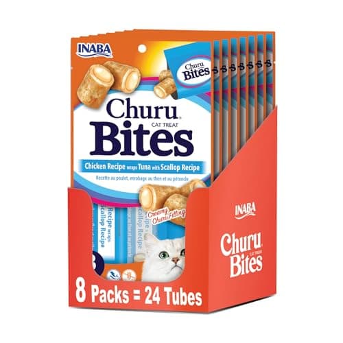 Inaba Churu Bites for Cats, Soft Baked Chicken Churu Filled Cat Treats with Vitamin E, 0.35 Ounces Each Tube, 24 Tubes Total (3 Per Pack), Tuna with Scallop Recipe - Image 1