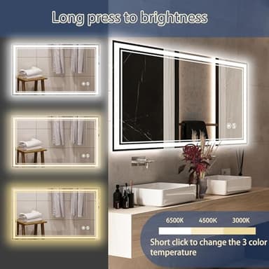 48“ x 28” LED Bathroom Mirror with Lights Anti-Fog Dimmable 3 Colors LED Mirror for Bathroom Memory Function Smart Mirror Wall Mounted Horizontal/Vertical - Image 6