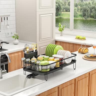 SNTD Dish Drying Rack, Expandable Dish Rack for Kitchen Counter, Metal Dish Drainer with Utensil & Cup Holder 13.8"-22.6" L x 12.1" W (Black) - Image 7