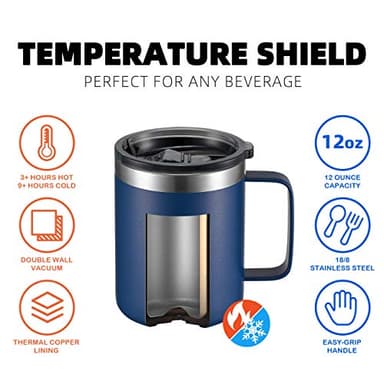 ALOUFEA 12oz Stainless Steel Insulated Coffee Mug with Handle, Double Wall Vacuum Travel Mug, Tumbler Cup with Sliding Lid, Navy - Image 4