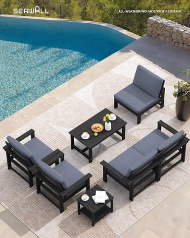 SERWALL HDPE Patio Conversation Set, 6-Piece Sectional Outdoor Furniture Set, All Weather Outdoor Couch Set Patio Furniture Set for Deck, Lawn, Black Frame with Grey Cushion - Image 5
