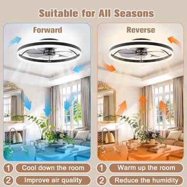 VOLISUN Low Profile Ceiling Fans with Lights and Remote, 23.6in Flush Mount Ceiling Fans with Light, 3000K-6500K Dimmable Fandelier LED Fan Light, Black Bladeless Ceiling Fans with Lights for Bedroom - Image 5