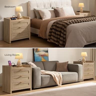 SICOTAS Rattan Nightstands Set of 2 Bedside Table - Larger Night Stand with Type-C Charging Station, 3 Drawers Storage, Boho Night Stands End Table for Bedroom Office - Light Oak - Image 7