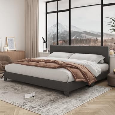 Allewie King Size Bed Frame with Adjustable Headboard, Upholstered Platform Bed with Wood Slats, Heavy Duty Mattress Foundation, No Box Spring Needed, Noise-Free, Easy Assembly, Dark Grey - Image 1