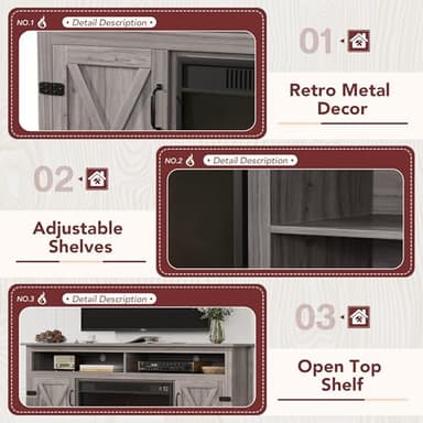 JUMMICO Fireplace TV Stand for TVs Up to 65+ Inch Entertainment Center with Open Storage Shelves and Side Cabinets, Media Console Table with Barn Doors for Living Room (Grey) - Image 3