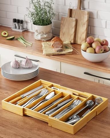 Kitsure Large Bamboo Silverware Organizer - Expandable Drawer Organizer for Utensil, Cutlery and Flatware, Kitchen Storage Solution with 6 to 8 Slots, Natural, 19.4" × 13.1" × 1.8" - Image 2