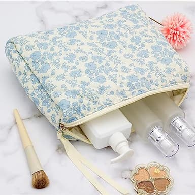 PAZIMIIK Quilted Makeup Bag Large Travel Zipper Soft Cosmetic Pouch for Women Girls Make Up,Little Flower Blue - Image 3