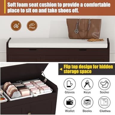 HOMEFORT 41.3" Shoe Bench with Lift Top Storage, Entryway Bench with Cushioned Seat, Wooden End of Bed Bench, Shoe Cabinet Bench with Hidden Storage Space, for Bedroom, Hallway,Espresso - Image 7