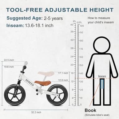 SEREED Toddler Balance Bike 2 Year Old, No Pedal Kids Toy Bike for 2-5 Years Old, Tool-Free Adjustment, Gift for 2-3 Boys Girls, Customize Plate with 3pcs Stickers (White) - Image 3