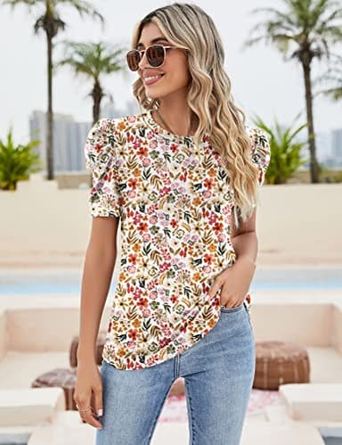 Ivicoer Puff Sleeve Shirt Floral Tops Casual Ladies Blouses Dressy Bohemian Blouses for Women 2025 Teacher Outifts XXL - Image 3
