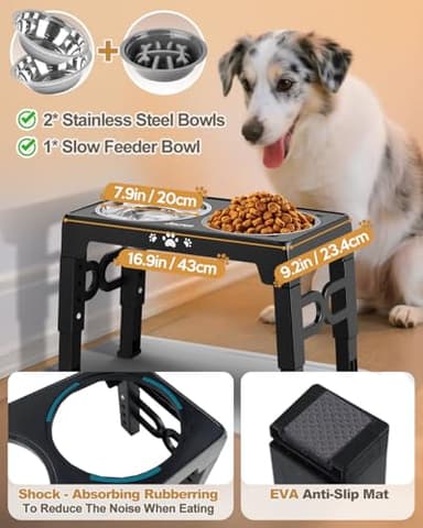 Jovrun Elevated Dog Bowls, Dog Feeder with 2 Stainless Steel Dishes &1 Slow Feeder Bowl, 5 Heights Adjustable Raised Stand for Medium Large, Food Dishes with Non-Slip Feet - Image 3