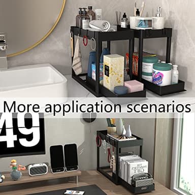 POUGNY 2PC Under Sink Organizer Rack 2 Tier Under Sliding Cabinet Basket Organizer Drawer with 4 Hooks, Multi-purpose Under Sink Storage for Bathroom Kitchen Desktop（Black） - Image 6