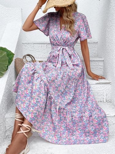 MASCOMODA Womens Summer Boho Maxi Dress Floral Wrap V Neck Flutter Short Sleeve Tie Waist A Line Tiered Flowy Long Dresses(Blue and Pink,Large) - Image 7