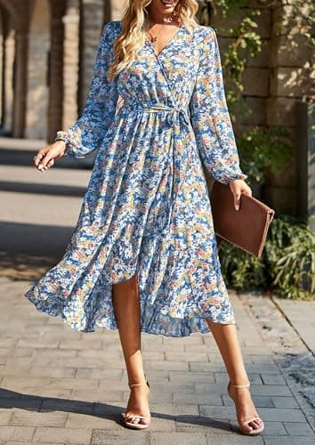 PRETTYGARDEN Women's Floral Boho Dress Fall Long Sleeve Wrap V Neck Ruffle Flowy Maxi Spring Wedding Guest Vacation Dresses (Floral Blue,XX-Large) - Image 4