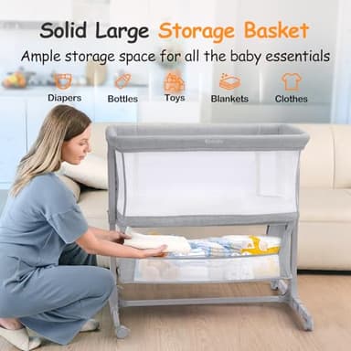 Ezebaby Bedside Bassinet for Baby, Portable Baby Bassinet Bedside Sleeper for Newborn Infants with Wheels Storage Basket, Adjustable 7 Heights and All Mesh Sides - Image 4