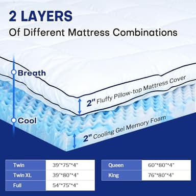 Vipfree Queen Dual Layer 4 Inch Memory Foam Mattress Topper, Relax Body, Relieve Pain and Aid Sleep - 2 Inch Fluffy Pillow Top Queen Mattress Topper and 2 Inch Cooling Gel Memory Foam, 2X Support - Image 3