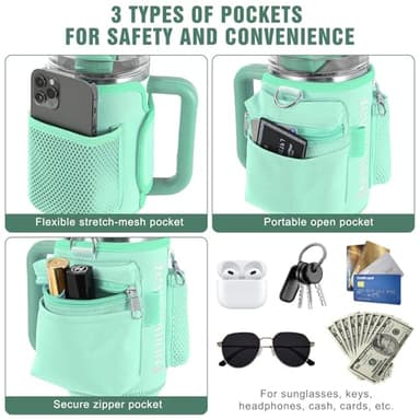 Nuovoware Water Bottle Carrier Bag Fits Stanley Quencher 40OZ, Water Bottle Holder with Strap and Pocket, Neoprene Water Bottle Pouch Sleeve Sling Bag for Hiking Travelling Camping, Mint Green - Image 4