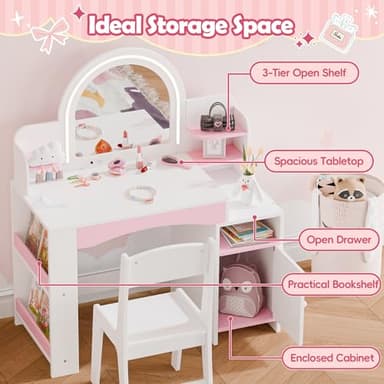 MU Kids Vanity with Lights, Princess Makeup Vanity Desk with Open Bookshelf, Storage Cabinet & Shelves, 2 in 1 Toddler Vanity Table & Chair Set with Lighted Mirror for Little Girls (White) - Image 2