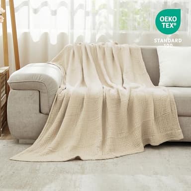 EMME Cotton Throw Blanket Large 50"x70" Gifts for Women 100% Muslin for Couch Breathable Gauze All Season Soft and Lightweight Pre-Washed (Light Tan) - Image 4