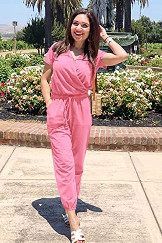 PRETTYGARDEN Jumpsuits for Women 2025 Spring Summer Casual Dressy Short Sleeve Romper Airport Vacation Travel Outfits (Rose Pink,Large) - Image 2